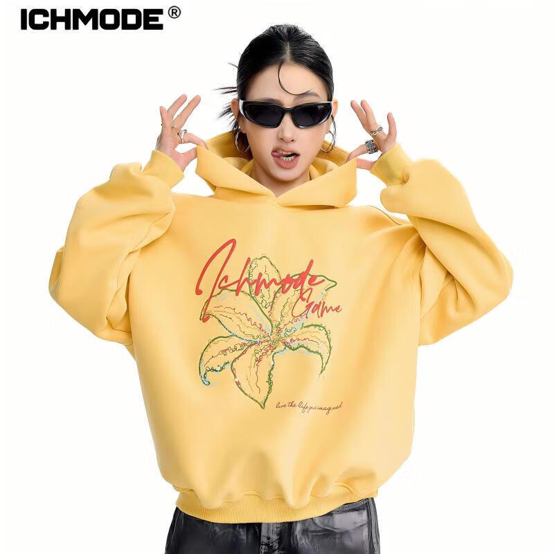 ICH MODE Women's American Style Hoodie Autumn Winter 2025 New Loose Pullover Jacket Yellow M