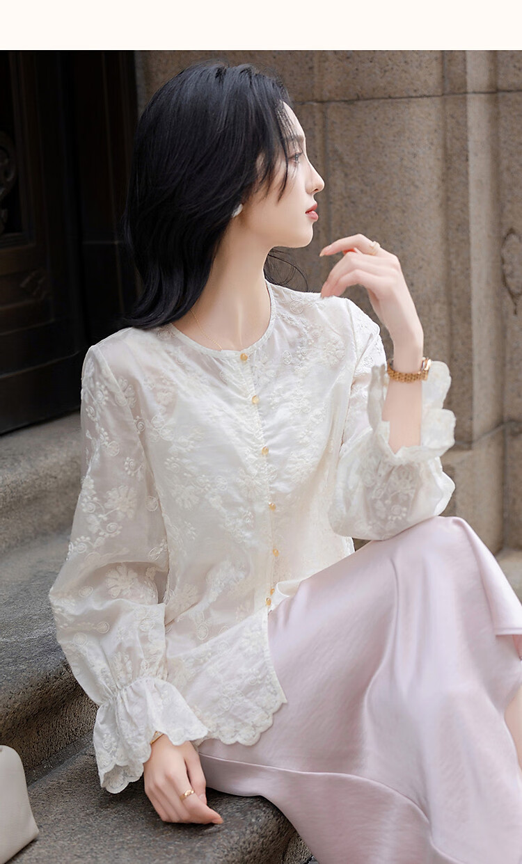 Demana Light Breath Lyocell Spring Autumn Hollow Lace Embroidered Bell Sleeve Shirt Petite Women's Top 6