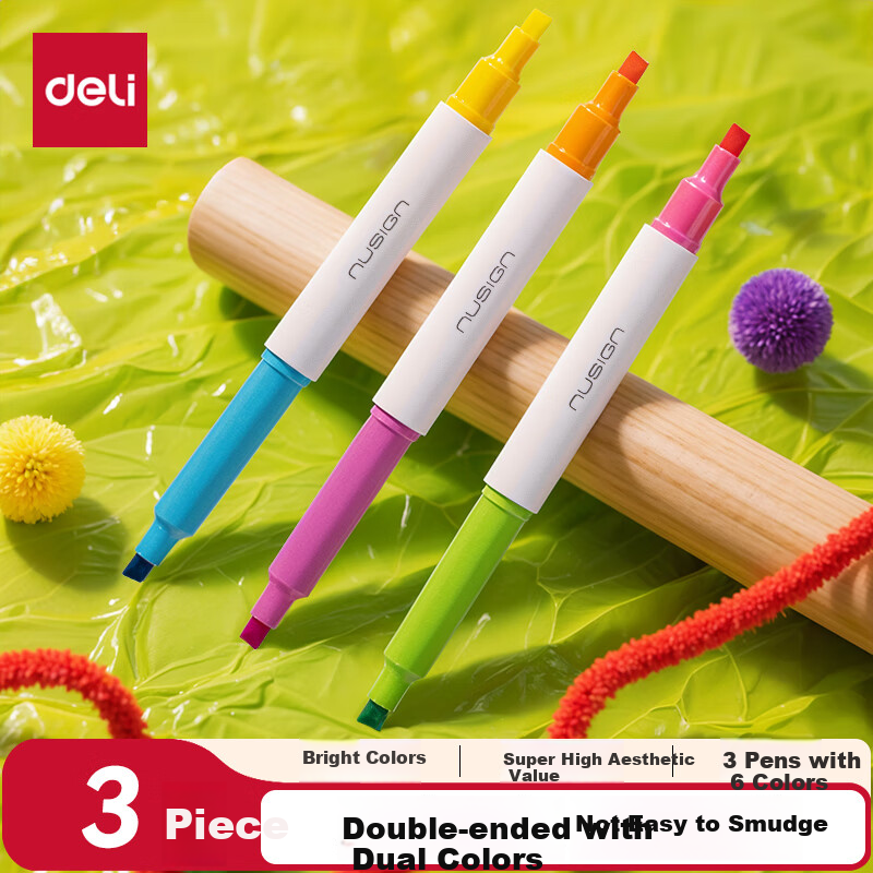 NUSIGN Dual-Tip Two-Color Bleed-Resistant Highlighters for Exam Review And Key Marking, 6 Colors, 3 Pens NS720-1 [Best-Selling Product], Deli's High-End Brand