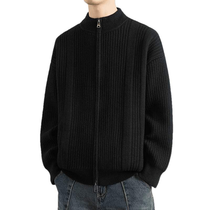 ROMON Men's Cardigan Knit Sweater Spring Autumn Trendy Casual Warm Drop Shoulder Stand Collar Jacket 7029 Dark Black 3X