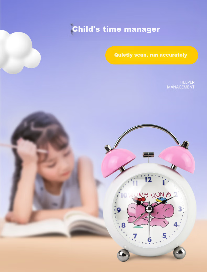 Mashi [Battery Included] Alarm Clock for Children, Cartoon Night Light, Loud Volume, Creative Elementary School Student Bedside Clock, Mechanical Bell Ringing, Lazy Person's Mini Metal Alarm Clock, Blue Gift 3