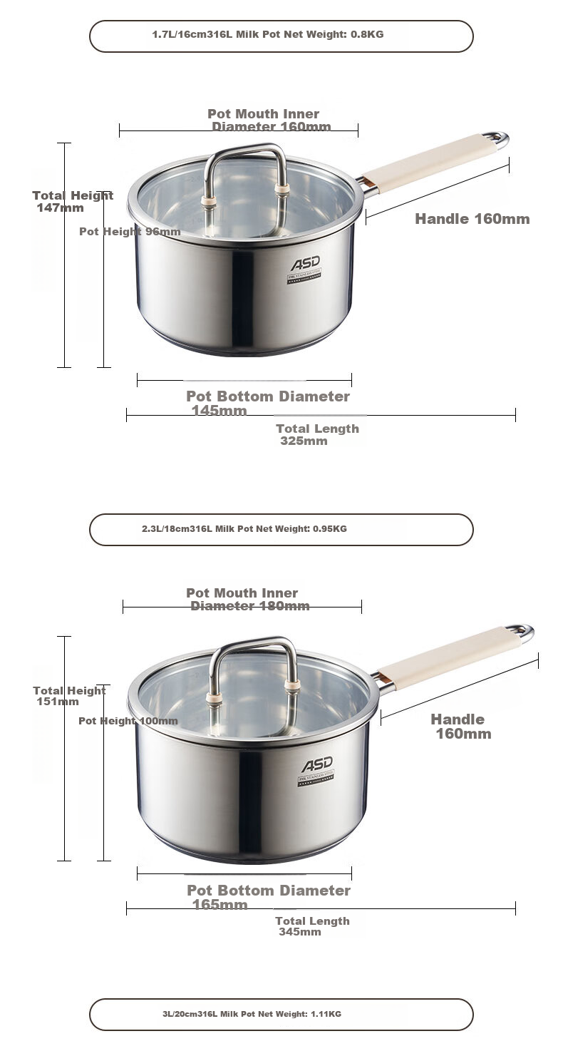 ASD Milk Pot, 316L Stainless Steel, Baby Food Pot, Small Milk Pot, Thickened, Suitable for Gas And Induction Stoves, NS18B15WG 12