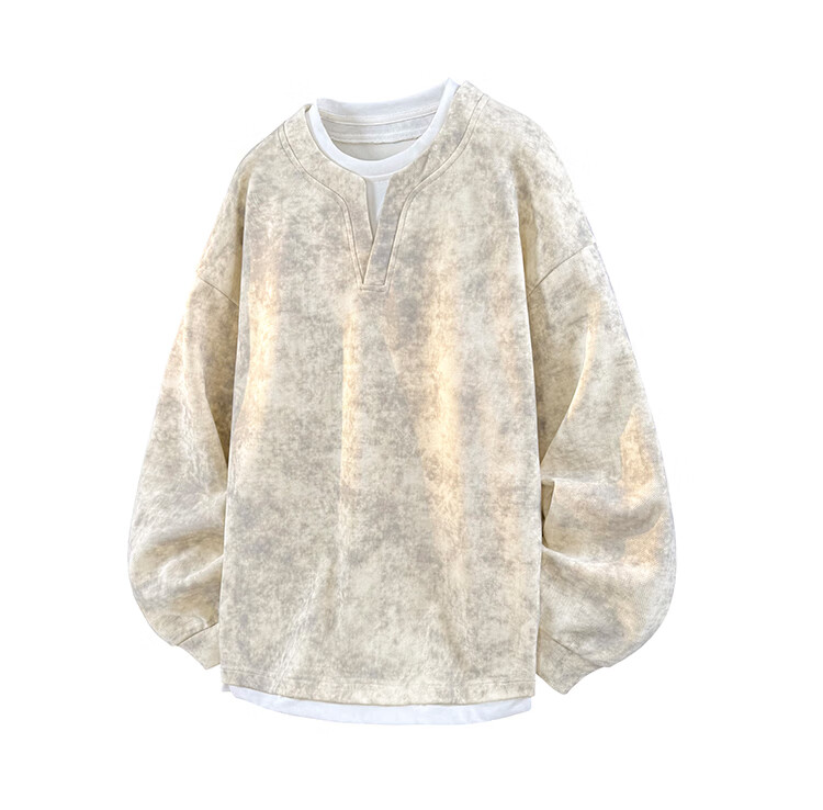 Dingfengbaoluo Men's American Style Two-in-One V-Neck Tie-Dye Casual Long Sleeve Sweatshirt Autumn Loose Fit Khaki 2XL XWC12 2