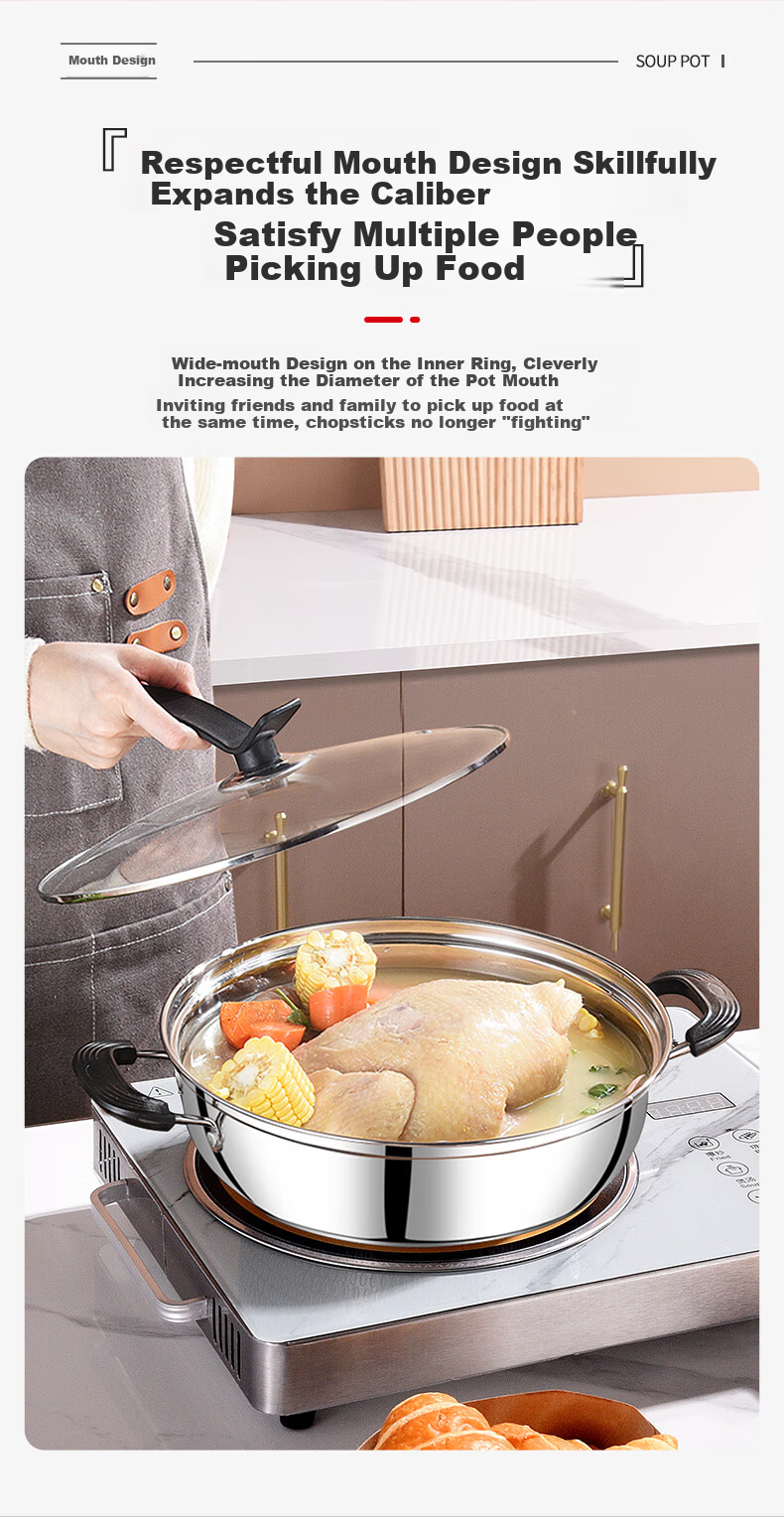 KEGOO Soup Pot Hot Pot Cookware Compatible with Gas Stove And Induction Cooker, 28cm Thick Stainless Steel Pot for Soup Making And Porridge Cooking KG114 3
