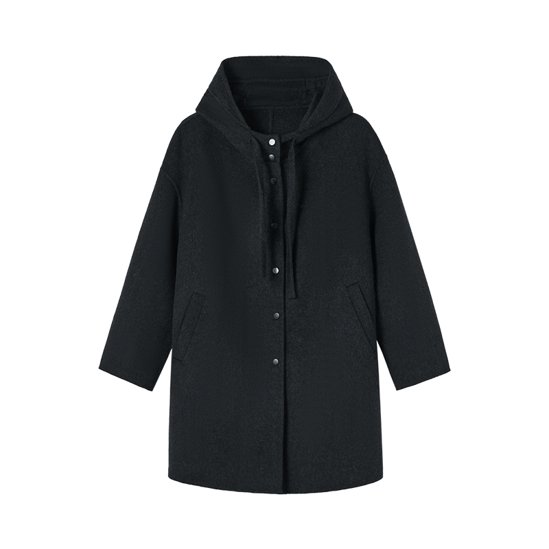 Dme Gentle Milk White Coat Winter Hooded Pocket Design Long Sleeve Mid-Length Woolen Coat for Women