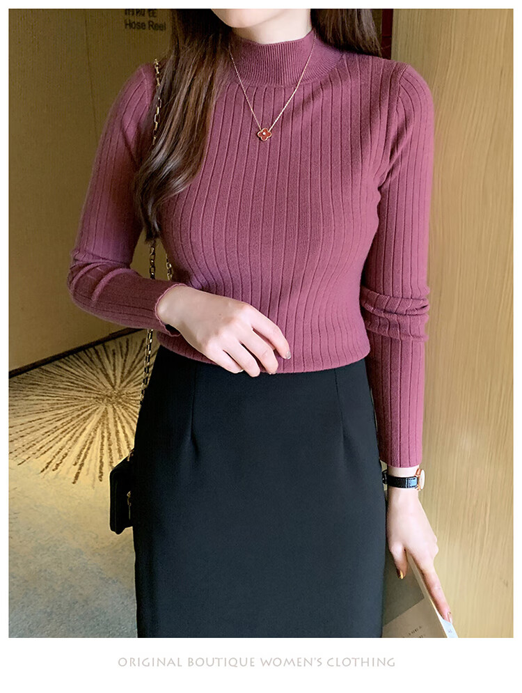 GRACEWELL Women's Knit Sweater Autumn Winter Elegant Half Turtleneck 2025 New Slim Fit Basic T-Shirt Top 10