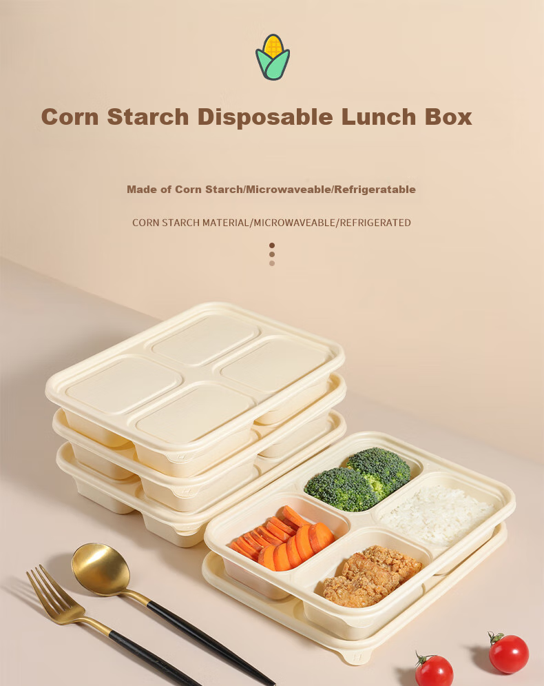 Baijie Corn Starch Disposable Food Containers, Biodegradable Microwave-Safe Lunch Boxes with Lids, Takeout Meal Boxes, 4 Compartments * 20 Sets 1