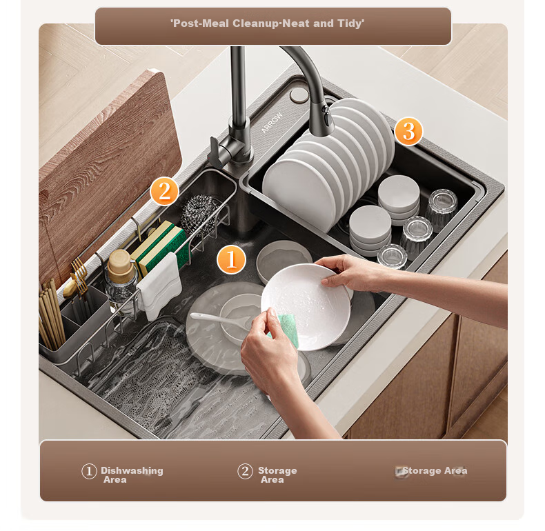 ARROW Kitchen Sink for Small Apartments, Large Single Basin, Nano Textured 304 Stainless Steel Sink for Washing Dishes And Vegetables 7