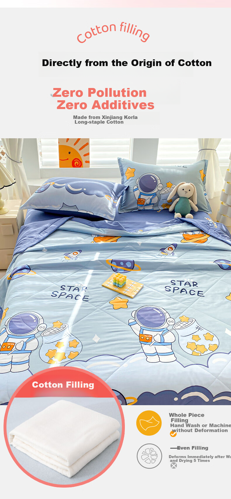 Yunjin Pure Cotton Children's Air Conditioning Quilt, Thin Summer Cool Quilt, Kindergarten Small Quilt, 110*150cm, Space Walker Blue 6
