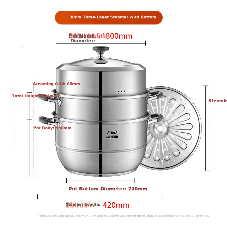 ASD Steamer Pot, 304 Stainless Steel Three-Layer Steamer, Household All-In Soup Pot, 30CM Heightened Design to Prevent Flavor Transfer, Steamer Q1 17
