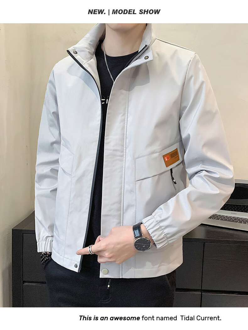 Jeanswest Men's Outdoor Sports Jacket Spring Autumn Coat Stand Collar Loose Workwear Windproof Casual Trendy Versatile Black 2XL 14