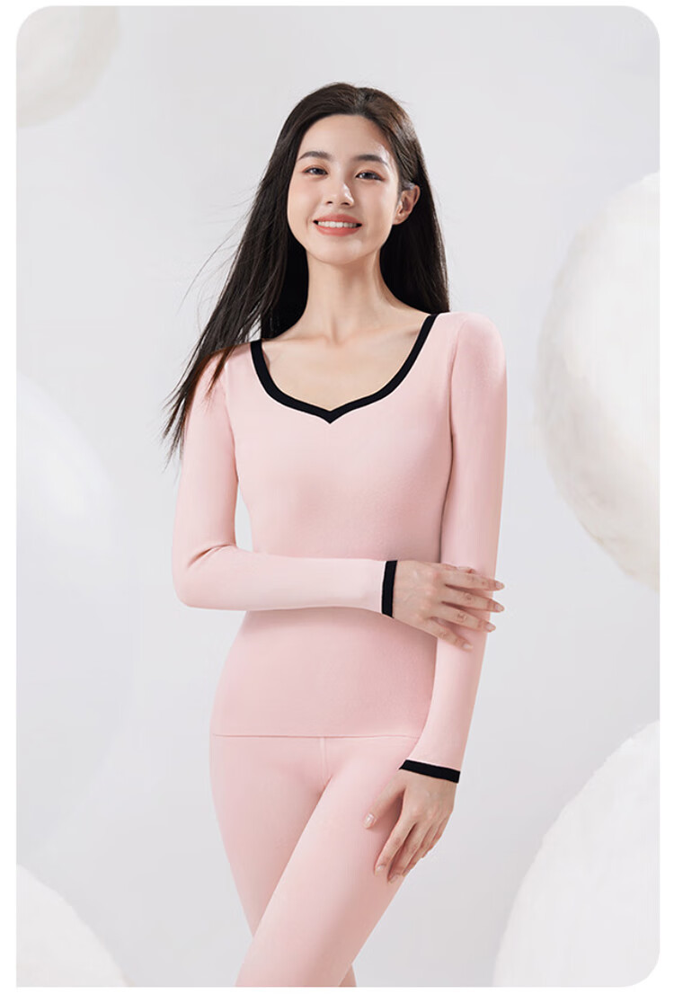 Caiyue Women's Thermal Underwear Set Antibacterial Hyaluronic Acid Heart-Shaped Neck Base Layer Fleece Medium Thickness Seagull Neck Autumn Top and Bottom 10