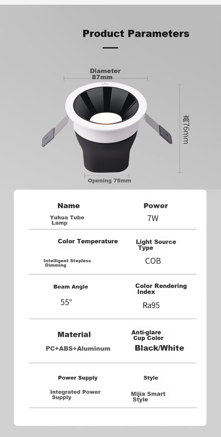 NVC LED Downlight for Home Living Room, Recessed Ceiling Light, Anti-Glare Black Cup, 7W, Smart Stepless Dimming [Yuhua] Ra95 13