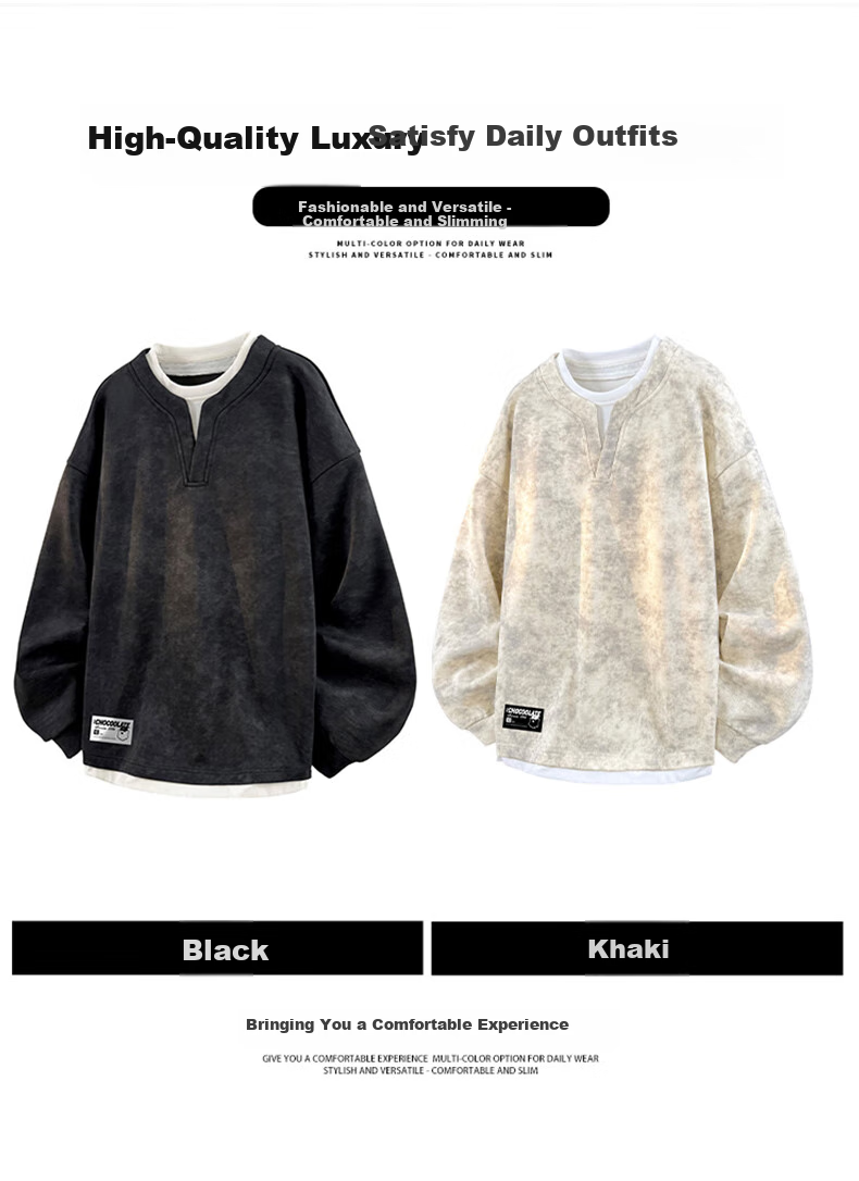 :CHOCOOLATE it Faux Two-Piece Hoodie for Men, Autumn New Style American Tie-Dye Long-Sleeve T-Shirt, Black, L 5