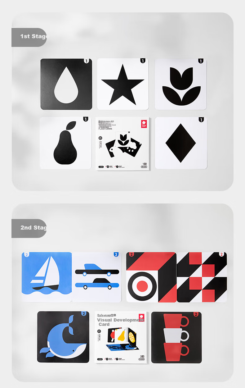 Babycare Black And White + Color Visual Tracking Training Cards, Newborn Enlightenment Early Education Cards, Educational Toys, Follow-The Cards Level 1-4 12