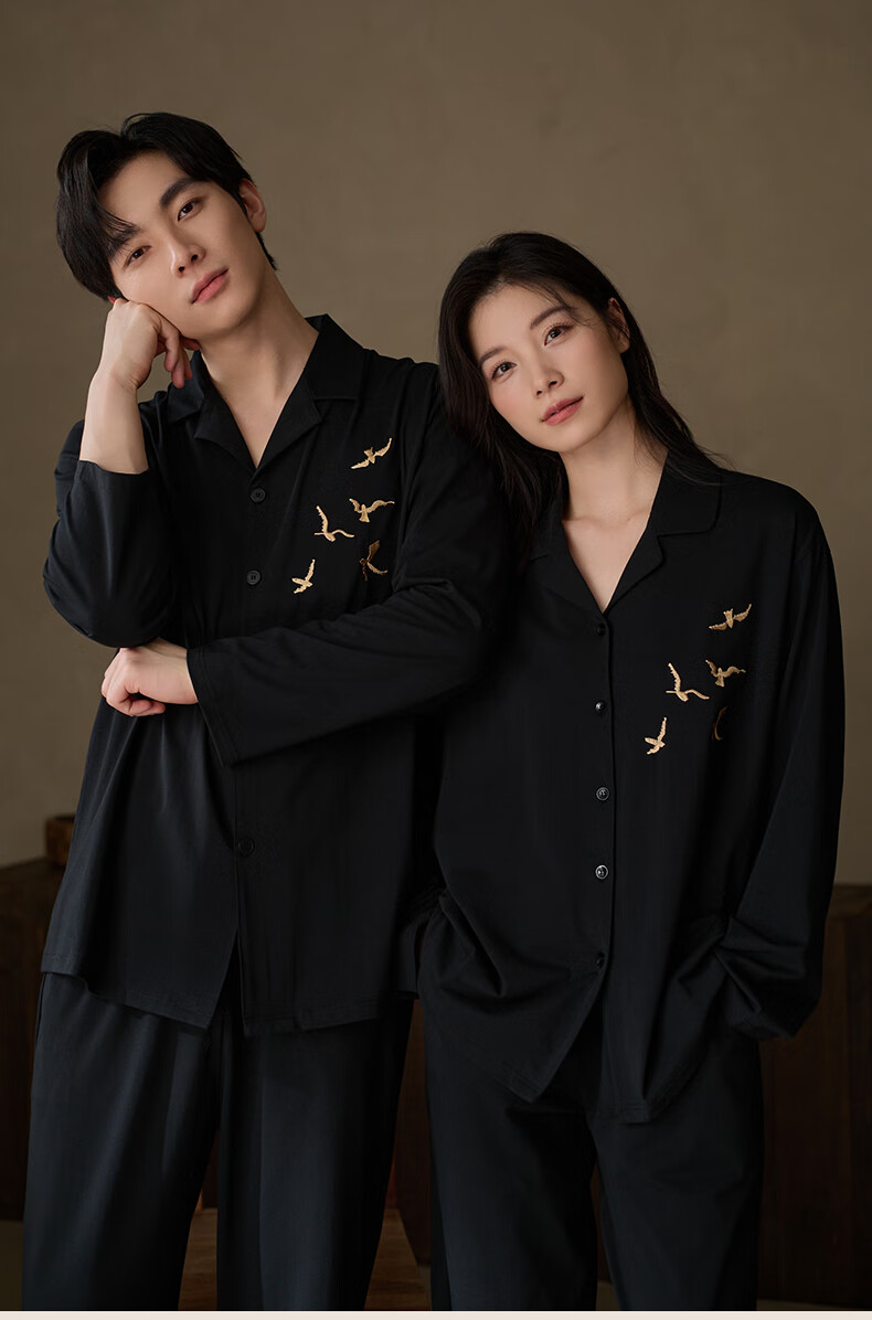 Shaqian Couples Pajamas 2025 New Soft Cotton Men's Homewear Black Lapel Women's Spring Autumn Wearable Set 5