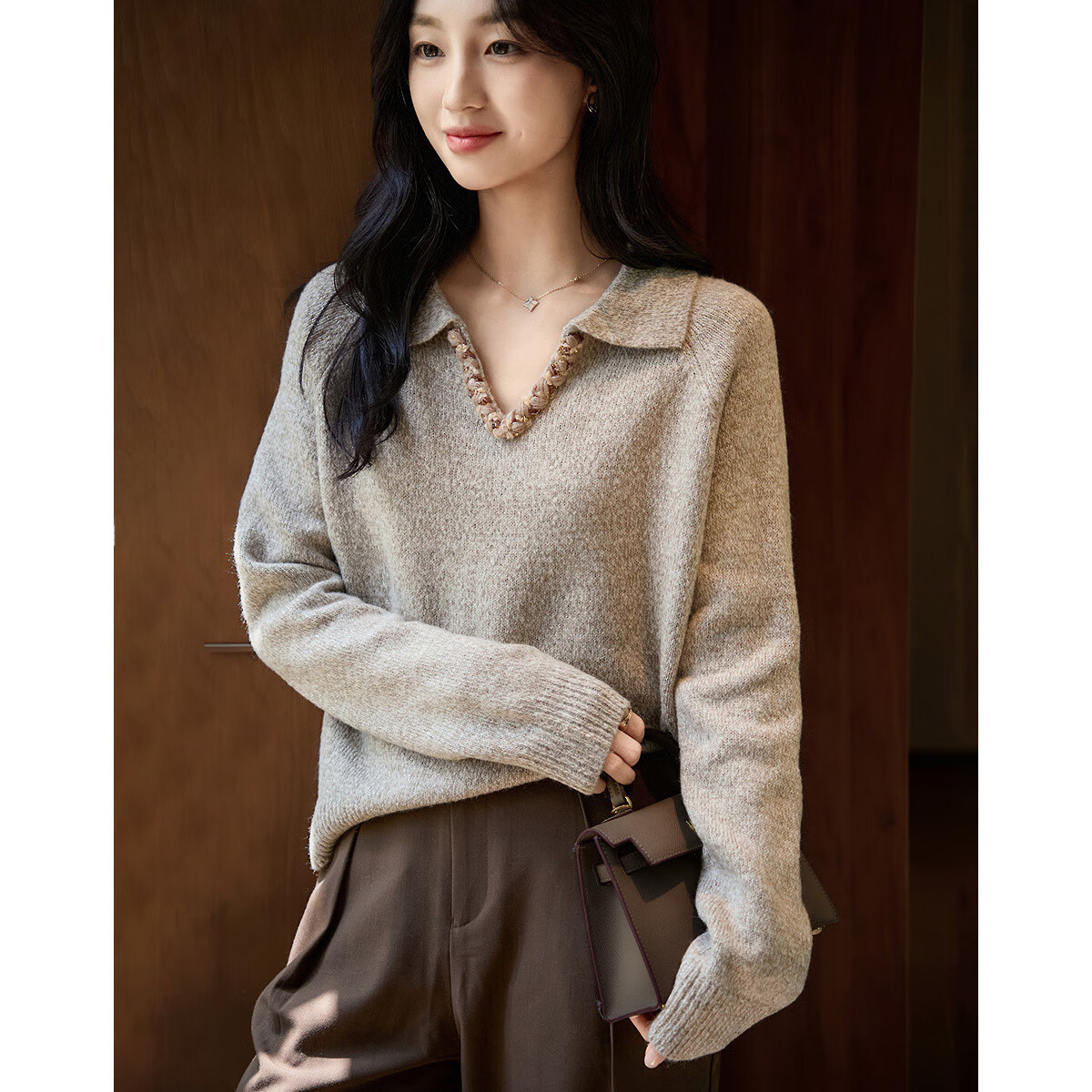 Demana Smart Slow Life Winter Colorblock Ribbon V-Neck Knit Sweater for Petite Women