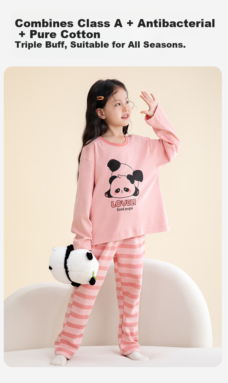 Fenteng Girls' Pajamas, Ultra-Soft Class A Cotton, Anti-Static, Antibacterial, Panda Pattern Children's Sleepwear, Home Wear Set 6
