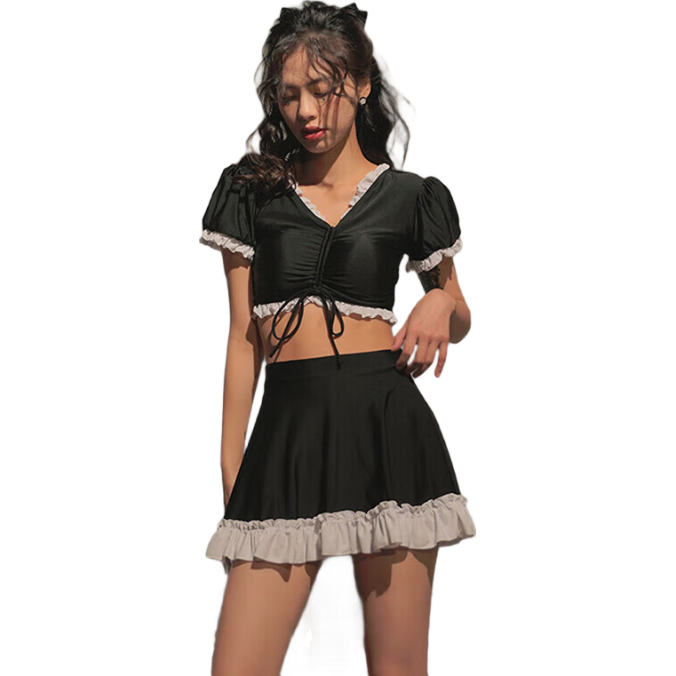 OMOM Women's Conservative Summer Swimsuit, Fashionable Student Two-Piece Skirted High-Waist Slimming Sanya Cute Hot Spring Swimming Suit, Black, L (Recommended for 98-118 Jin)