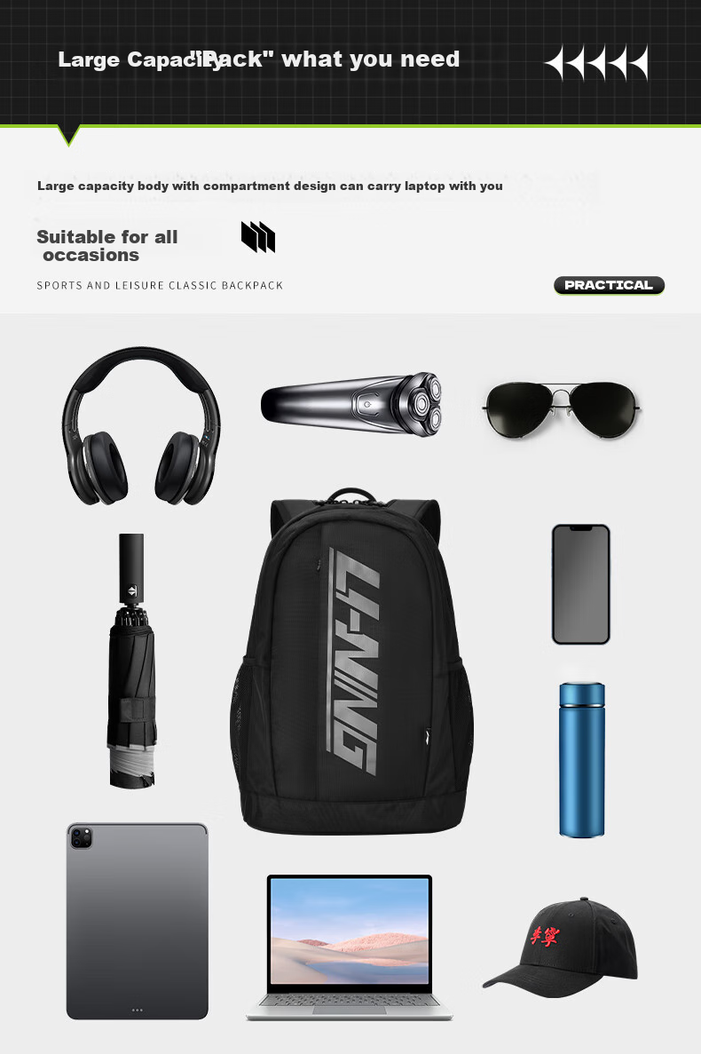 Li-Ning Backpack Badminton Racket Bag Multifunctional Large Capacity School Bag for Men And Women Outdoor Travel Bag Black 4