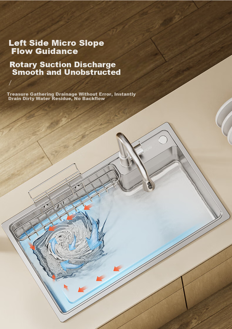 ARROW Kitchen Sink, Large Single Basin, Japanese-Style 304 Stainless Steel Dishwashing And Vegetable Washing Sink, Integrated Basi 13