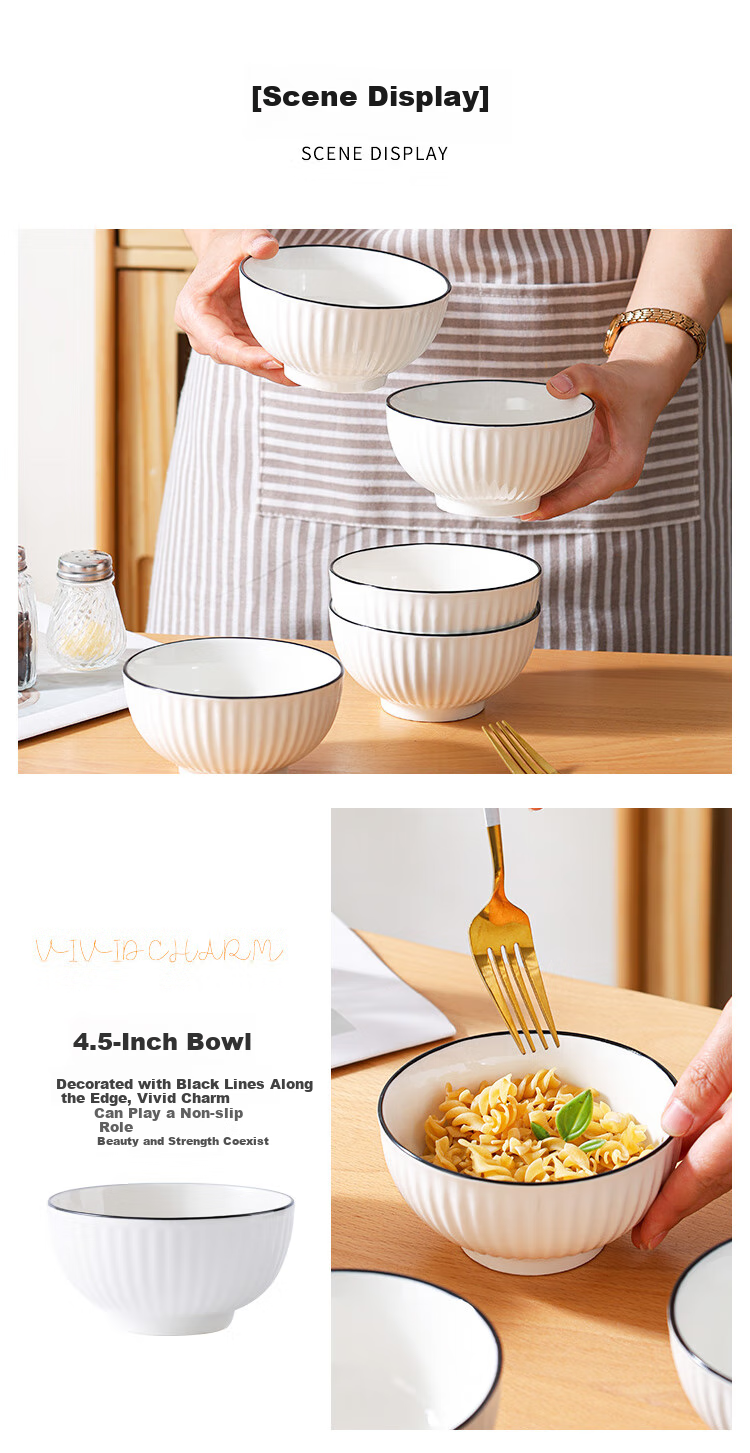 Hechuanwu Ceramic Bowls, Simple Pure White Small Bowls for Home Use, 4.5-Inch Rice Bowls And Soup Bowls Set, 10-Piece Set, Vertical Black Lines 5