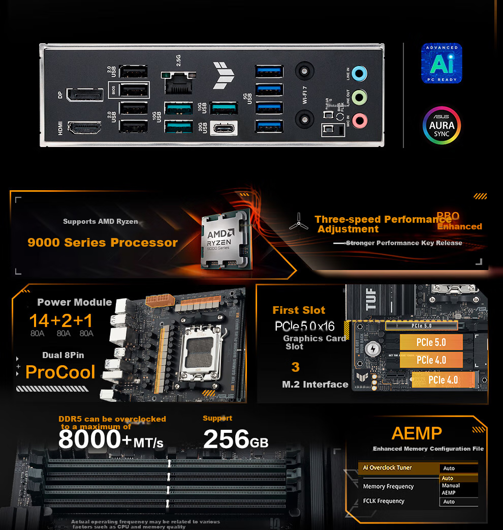 ASUS TUF GAMING B850M-PLUS WIFI7 Motherboard for CPU 7800X3D/9800X3D/9600X (AMD B850/socket AM5) 3