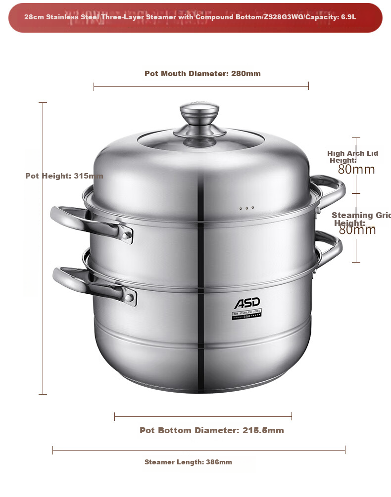 ASD Steamer Pot, 304 Stainless Steel, Three-Layer, for Home Use, Steaming And Cooking Soup Pot, Large Capacity 30CM Double-Layer Steamer, Compatible with Gas Stoves, G3 Model 20