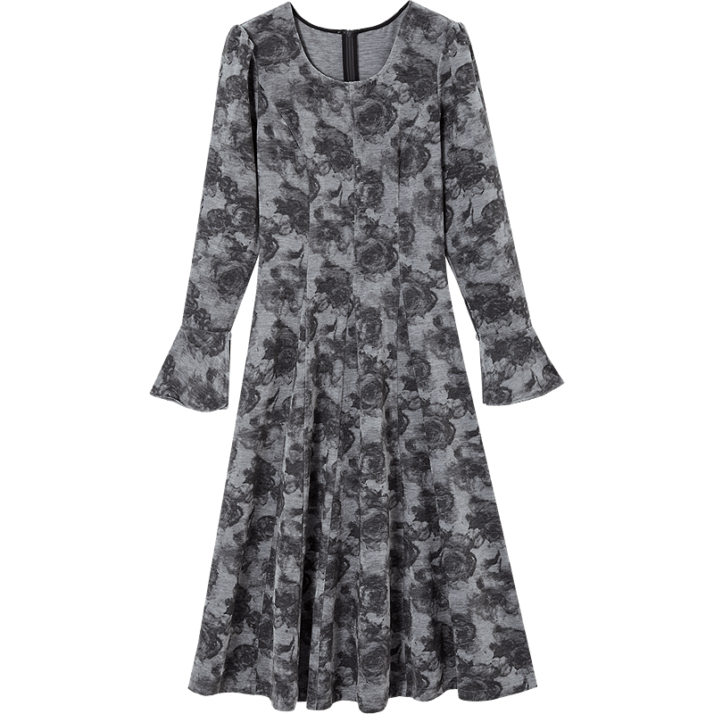 Demana Artistic Style Winter Gradient Print Round Neck Flared Sleeve Waist Cinched A-Line Slimming Women's Dress