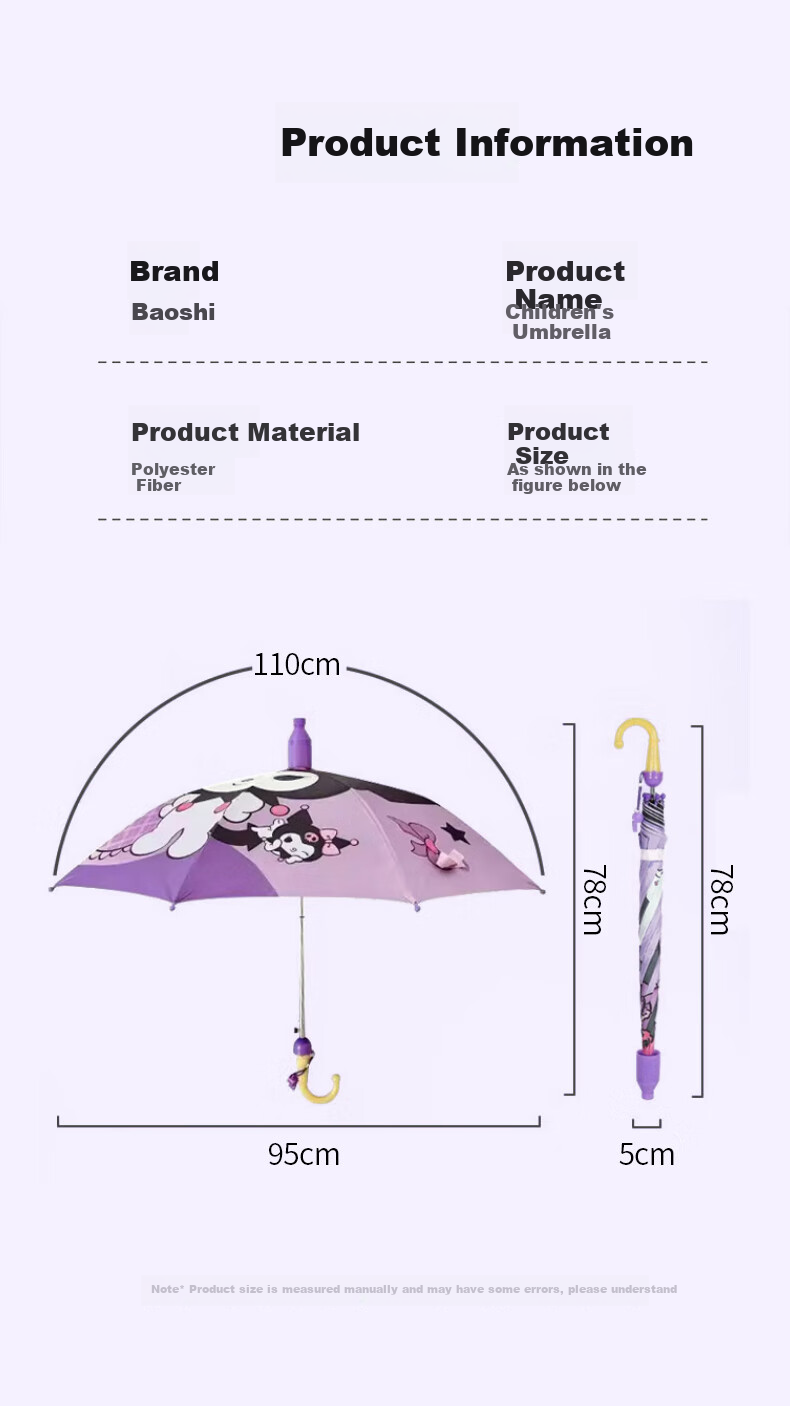 Baoshi Children's Umbrella, Girls' Sunshade Umbrella, Long Handle Cartoon Elementary School Student Straight Handle, Dual-Use for Rain And Shine, Black Rubber Umbrella, Purple Waterproof Umbrella Cover 10