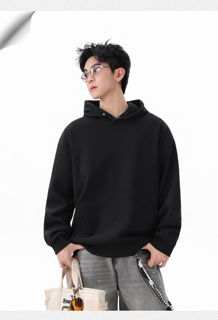 Homlean American-Style Heavy Hooded Sweatshirt, Spring Men's High Street Solid Color Versatile Loose Casual Top, HQ20 Black 2XL 3