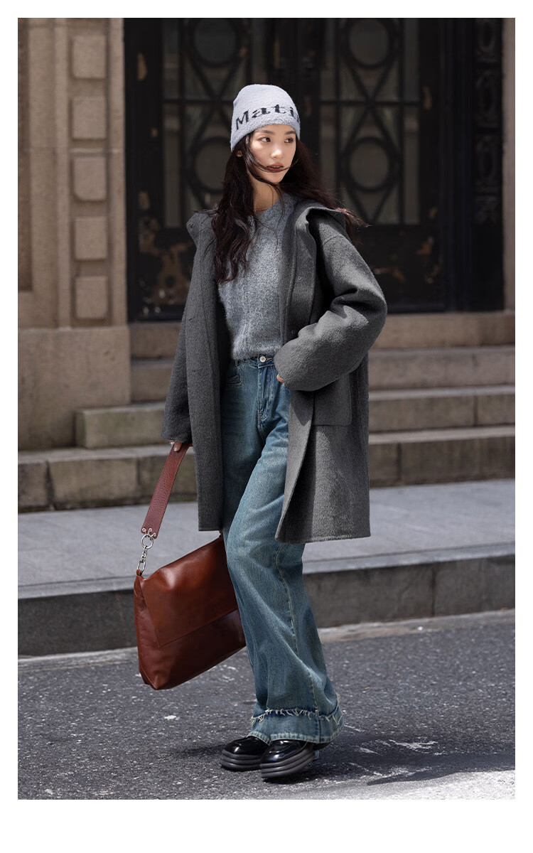 Demana College Style Winter Hooded Long Sleeve Mid-Length Wool Coat with Front Pockets and Open Placket 3