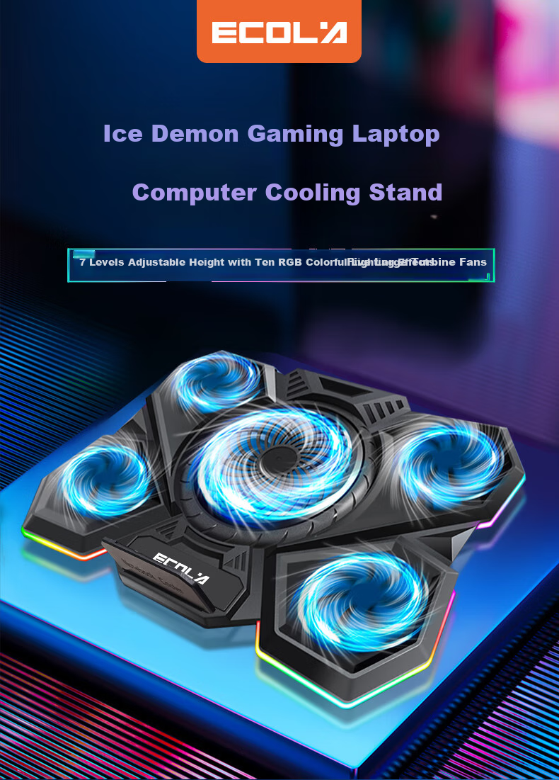 ECOLA Gaming Laptop Cooling Stand, Douzhanzhe Zhans7000 Gaming Five-Fan Cooler with Ten RGB Colorful Light Effects + 7 Adjustable Height Settings NBC-T907 BK 1