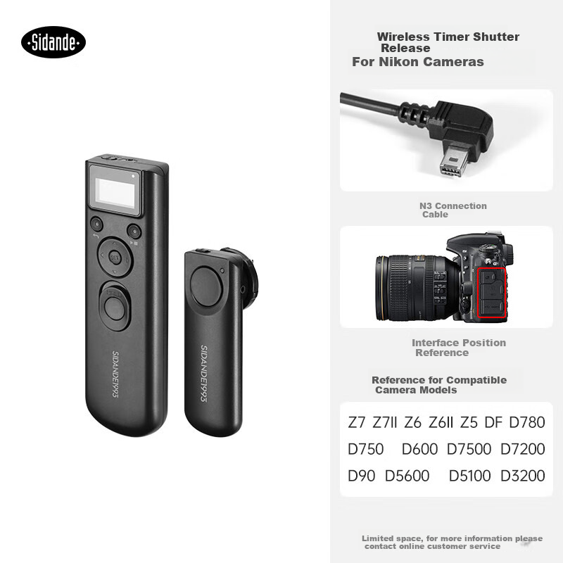 Sidande RST-5500N3 Wireless Timer Cable, DSLR Camera Delay Photography, Professional Anti-Shake Creative B-Meter, Suitable for Nikon Shutter Remote Control