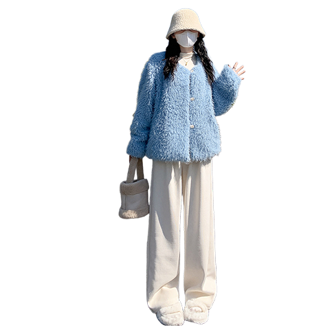 LangSha Women's Casual Pants 2025 Autumn Winter New Petite Fleece-Lined Wide-Leg Pants Korean Slimming High-Rise Velvet Trousers
