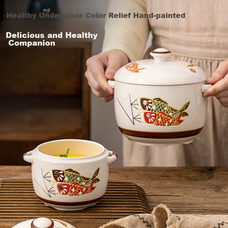 JD Original Ceramic Stew Pot with Lid And Spoon Set for Soup, Steamed Eggs, Bird's Nest, Baby Food, Home Use, Zhu Yue Longmen Stew Pot 450ML