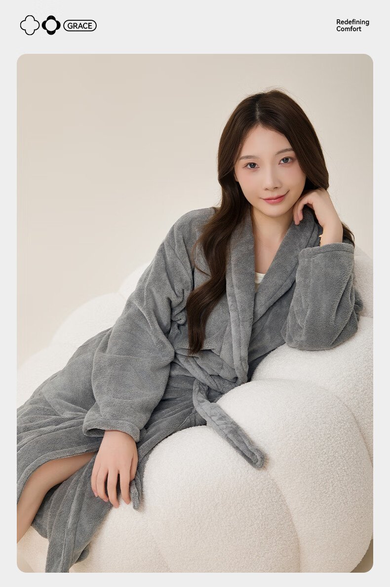 Graceful Women's Absorbent Quick-Dry Thickened Bathrobe Towel Warm Autumn Winter Spa Sleepwear Wrap Pink 4