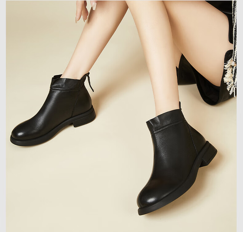 Fugui Bird Genuine Sheepskin Leather Ankle Boots Women Autumn Winter Fleece Lined Warm Fashion Boots Round Toe Chunky Heel Black Fleece Lined Size 37 3