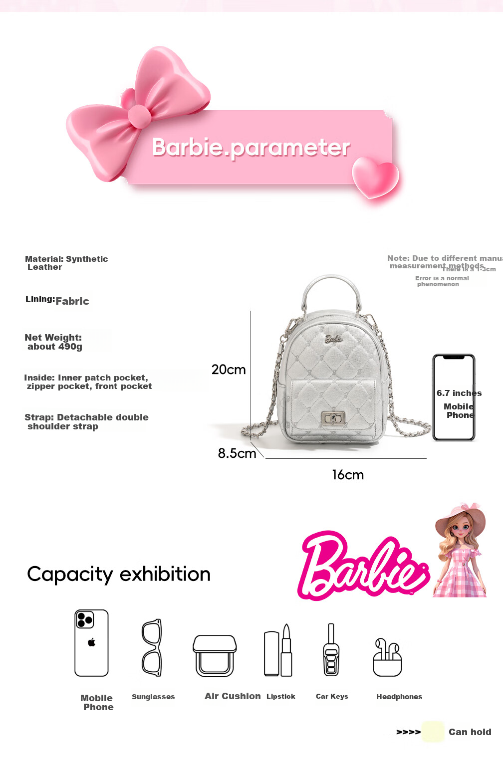 Barbie Backpack for Women, 2026 New Style Diamond-Quilted Chain Light Luxury Laptop Bag for College Students, Birthday Gift, Valentine's Day Present 6