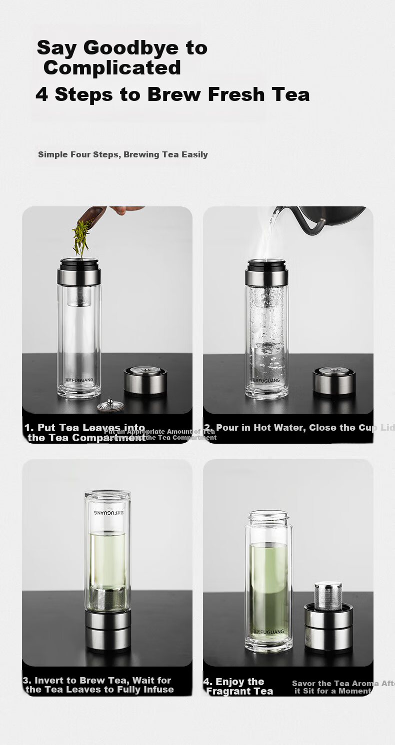 Fuguang Double-Layer Glass Cup, Car-Mounted One-Touch Lid Opening Tea Infuser Cup, High Borosilicate Tea-Water Separation Water Bottle for Men And Women, 300ml 7