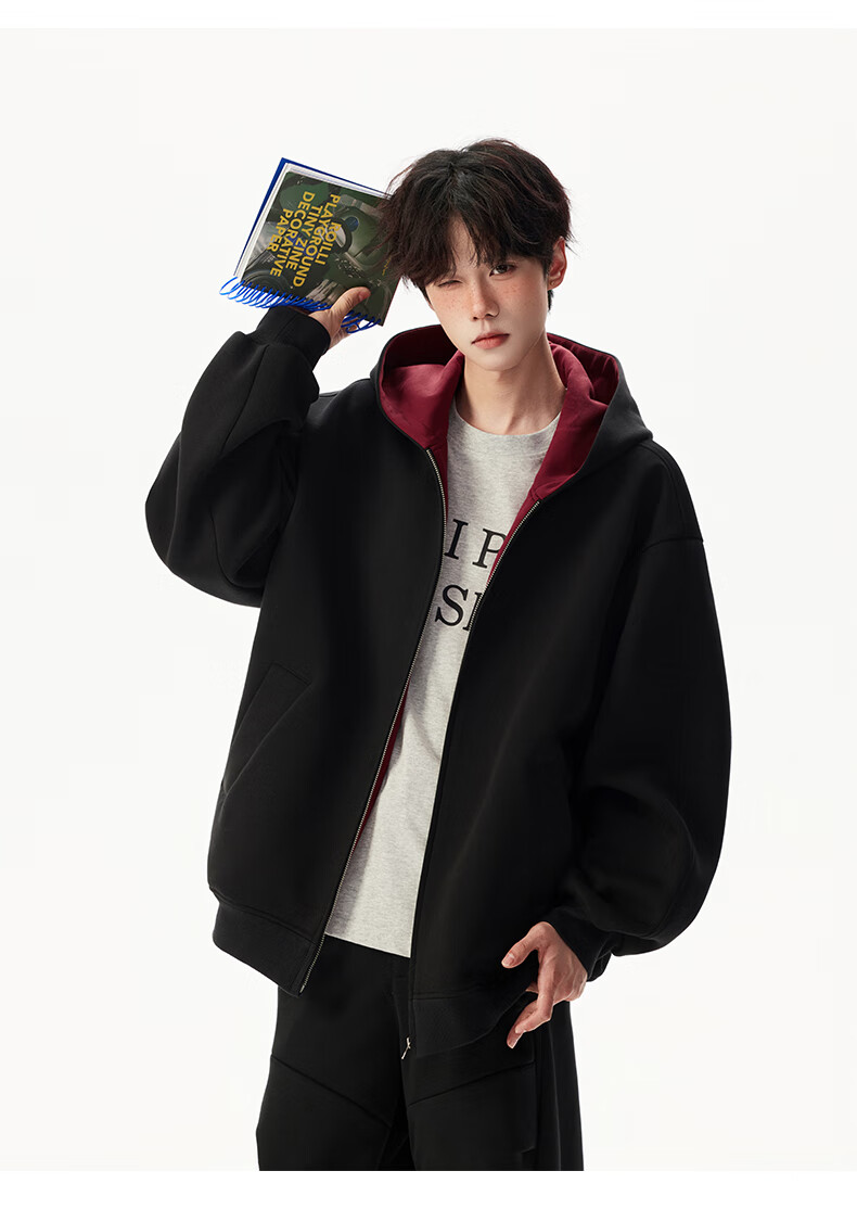 Foss Phil Men's Autumn Winter American Style Hoodie Double Zipper Colorblock Couple Zip-up Jacket 5Q1083 Black XL 10