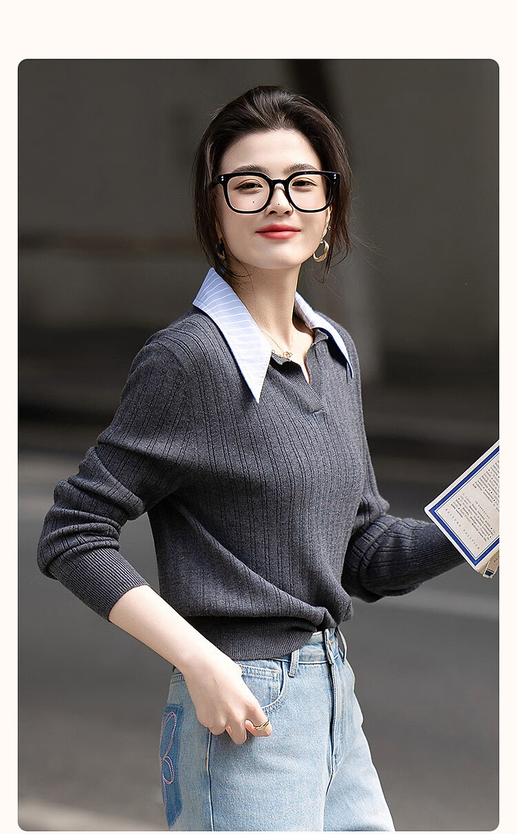 Demana【Contains Wool】Spring Autumn Smart Sensing Book Style Colorblock Stripe Spliced Lapel Knit Sweater Women Top 1