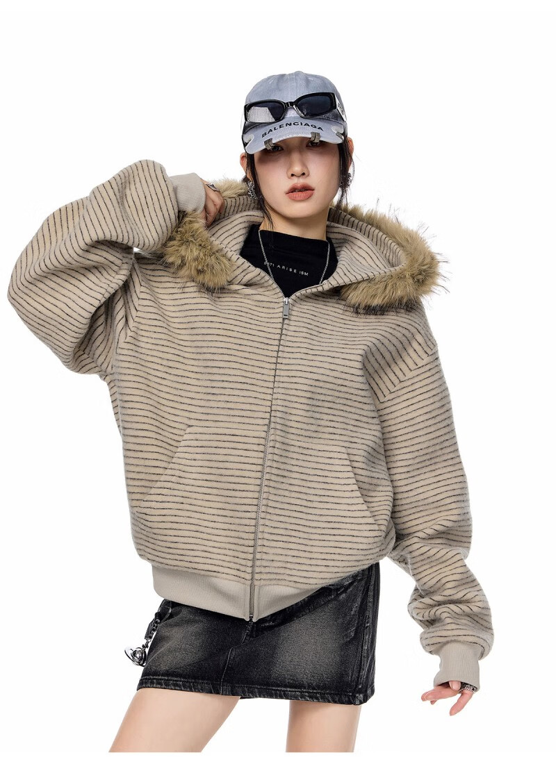 ICH MODE Women's American Style Hooded Striped Jacket with Fur Collar Autumn Winter New Zip-up Sweatshirt Cardigan Black M 21