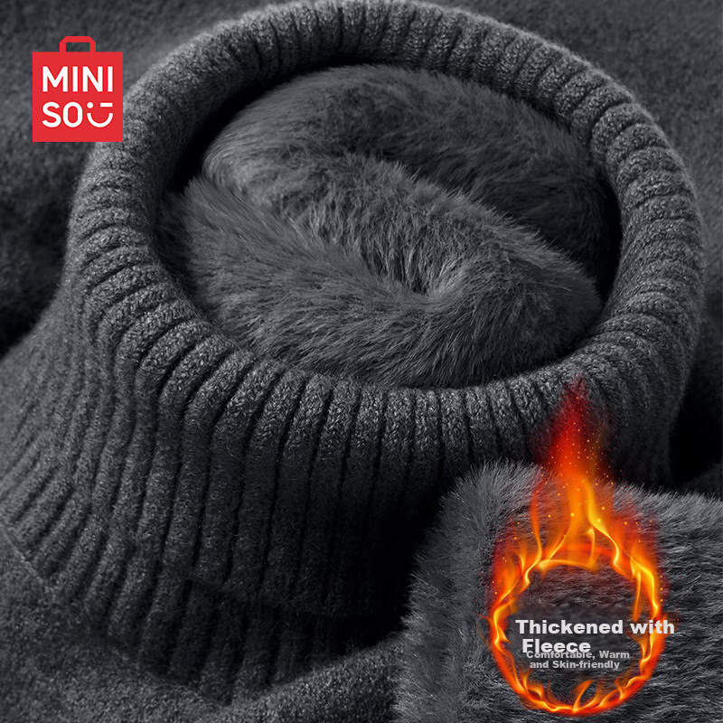 MINISO Turtleneck Sweater for Men, Fleece-Lined Thick Winter Warm High-End Loose Inner Layer Knit Pullover, Gray, 3XL