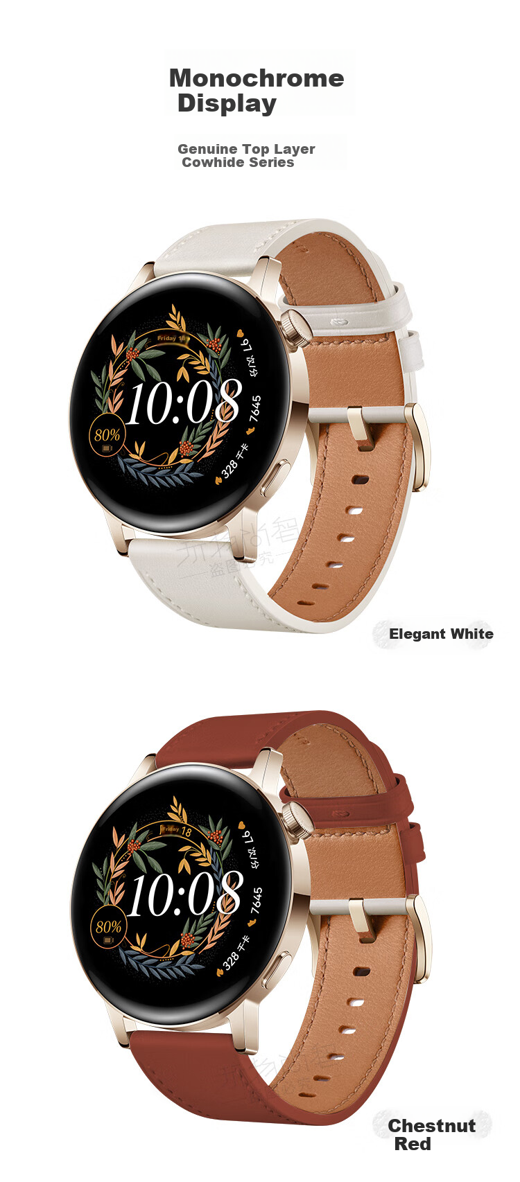 Watchbond Leather Strap for Huawei Watch GT7/GT6 Women's Model, Compatible with GT5/GT5Pro/GT4/Watch6/6Pro/5 Women's Models, 41mm Genuine Top-Grain Cowhide Elegant White Strap 10