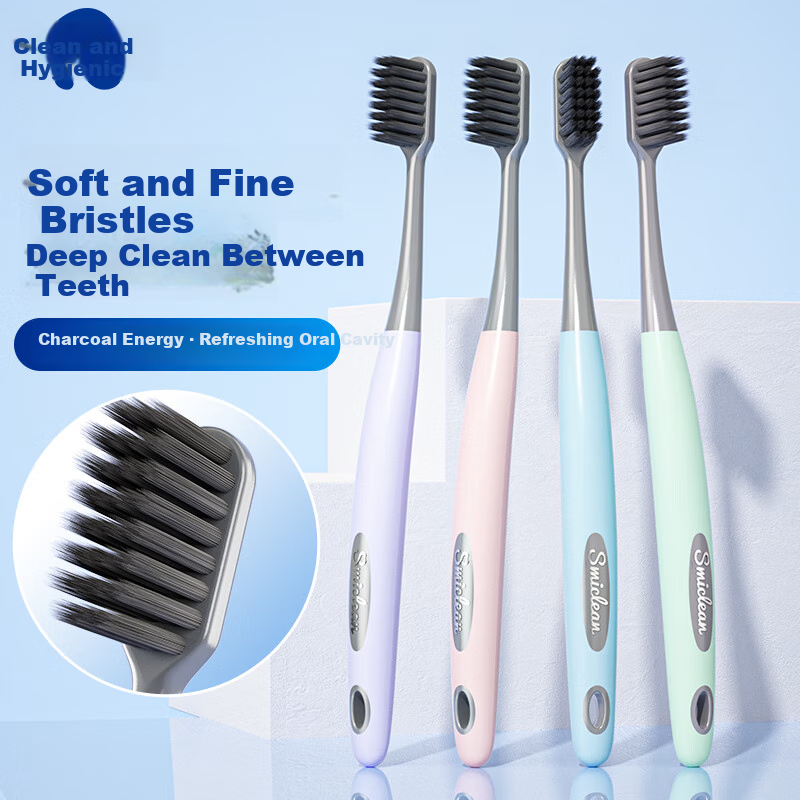 Kejiekejing Charcoal Energy Bamboo Charcoal Adult Soft Bristle Gum Care Toothbrush with Long-Lasting Charcoal Adsorption, Reduces Plaque, Random Color, 2 Pieces