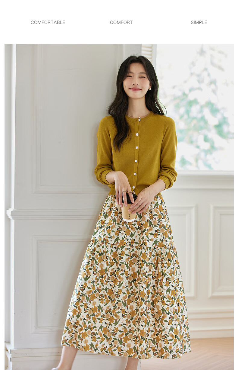Fanximan Holiday Style Casual Set Women Autumn New Knitted Top and Skirt Two-Piece Set Apricot Base Red Floral L 7