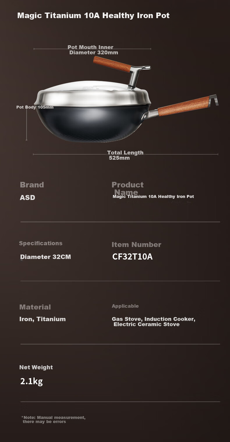 ASD Wok, Magic Titanium Iron, Zero Fluorine Coating, Non-Stick Frying Pan, Fluorine-Free Coating, Cooking Pan, 30cm, Compatible with Induction Cookers, T10A 21