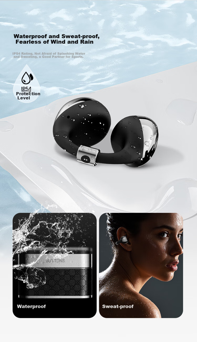 BUTTONS CLIP Bluetooth Headphones with Ear Clips, Open-Air AI Bone Conduction Wireless Sports Ear Hooks, Call Noise Reduction Microphone, Black And Silver Color, Gift for Men And Wome 7