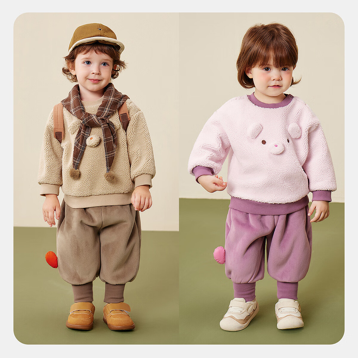 Minibala Unisex Kids Plush Set Loose Warm Long Sleeve Top and Pants Two-Piece Winter Outfit
